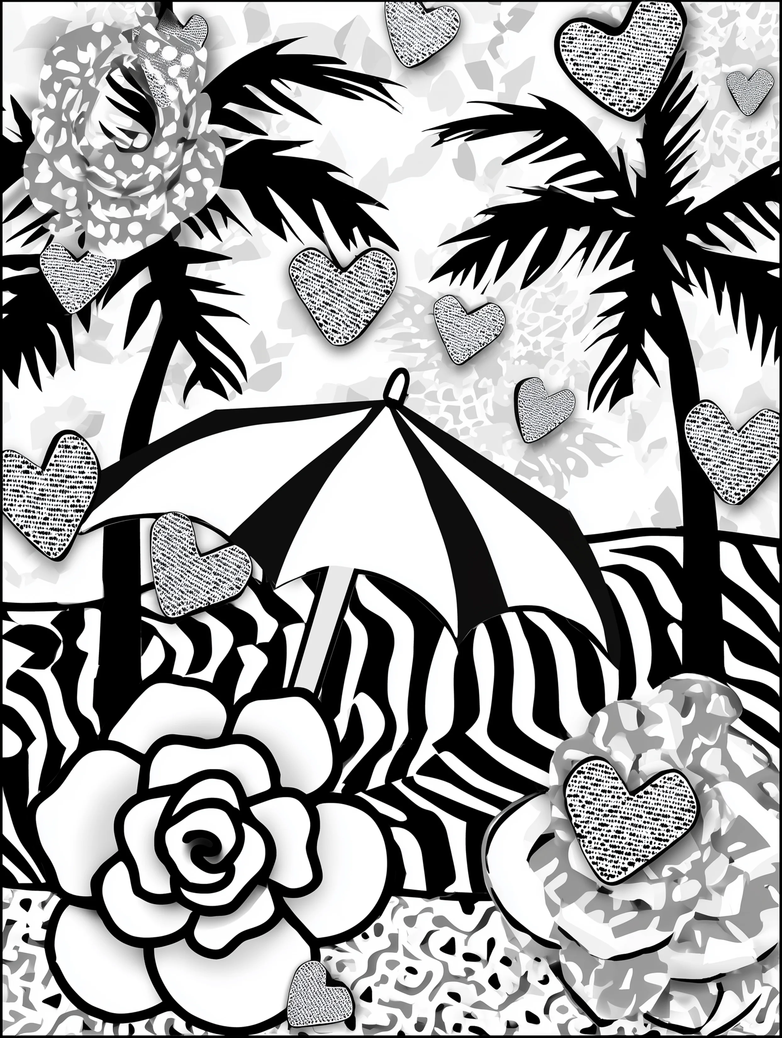 Free printable summer coloring page for adults featuring a beach umbrella on a floral beach